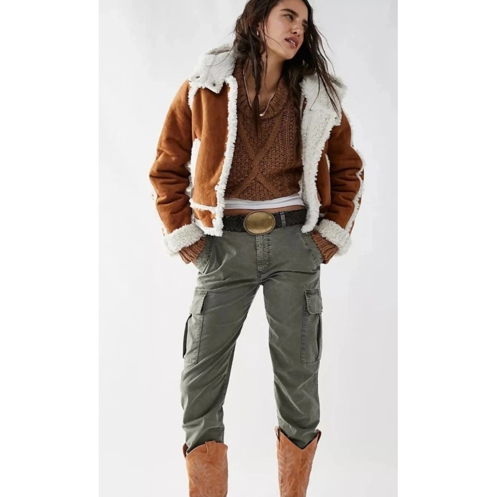 Free People Vegan Leather Shearling Hooded Jacket Small Bohemian Western Winter
